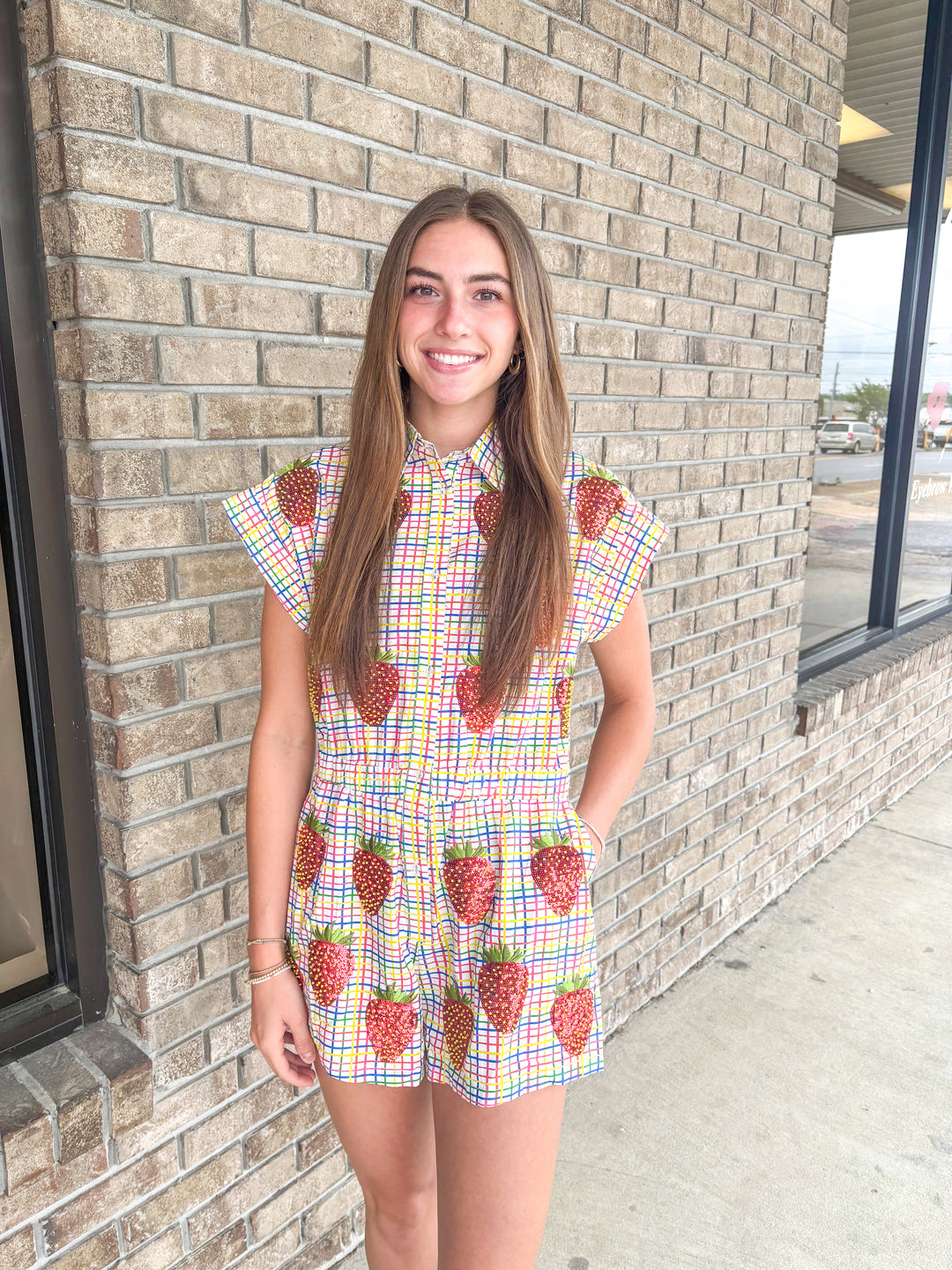 Rainbow Plaid Beaded Strawberry Cotton Romper | Queen of Sparkles