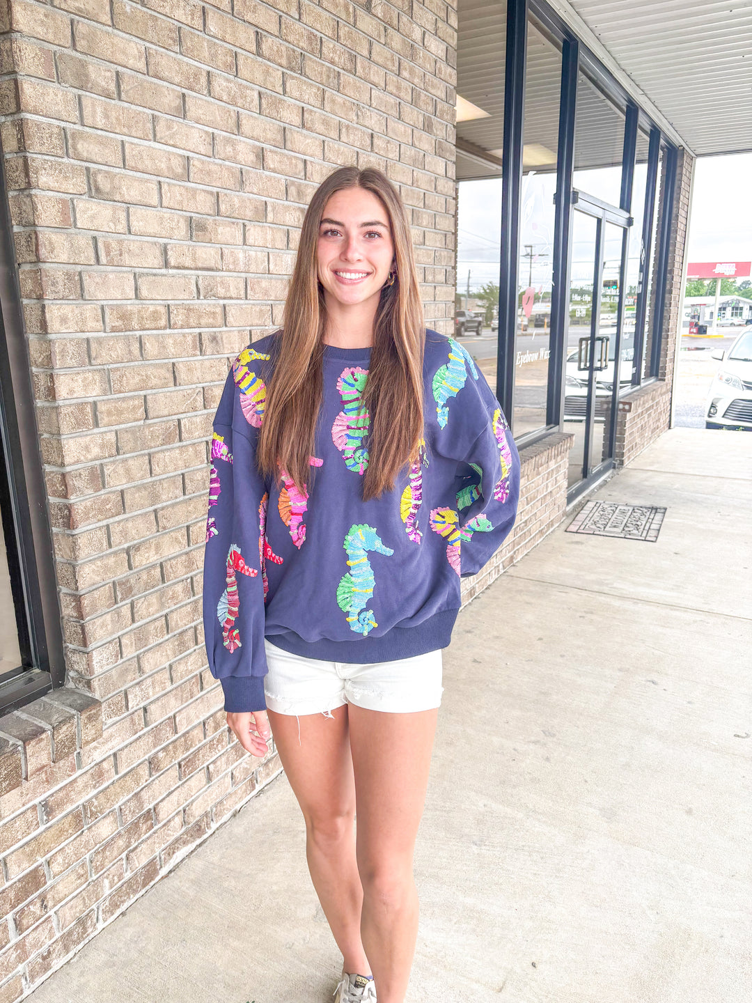 QOS Navy Multi Seahorse Sweatshirt